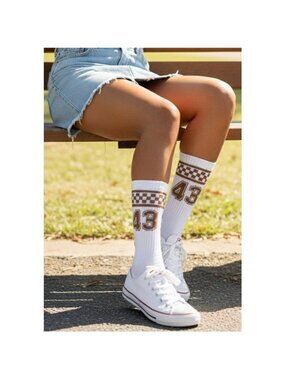 Ascot + Hart Crew Socks Checkerboard 43 White Brown OS